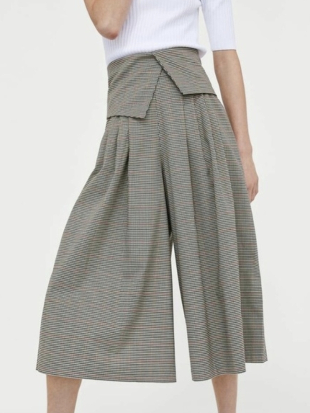 Zara Wide-Leg Foldover Waist Plaid Culottes - Brown/Black